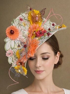 Kentucky Derby Oaks Floral Fascinator Hat - Peach, Ivory & Yellow
